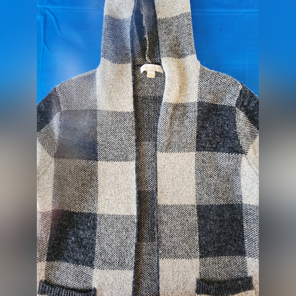 Monteau Black Beige 2 Pocket Open Front Duster Checkered Hooded Cardigan Medium